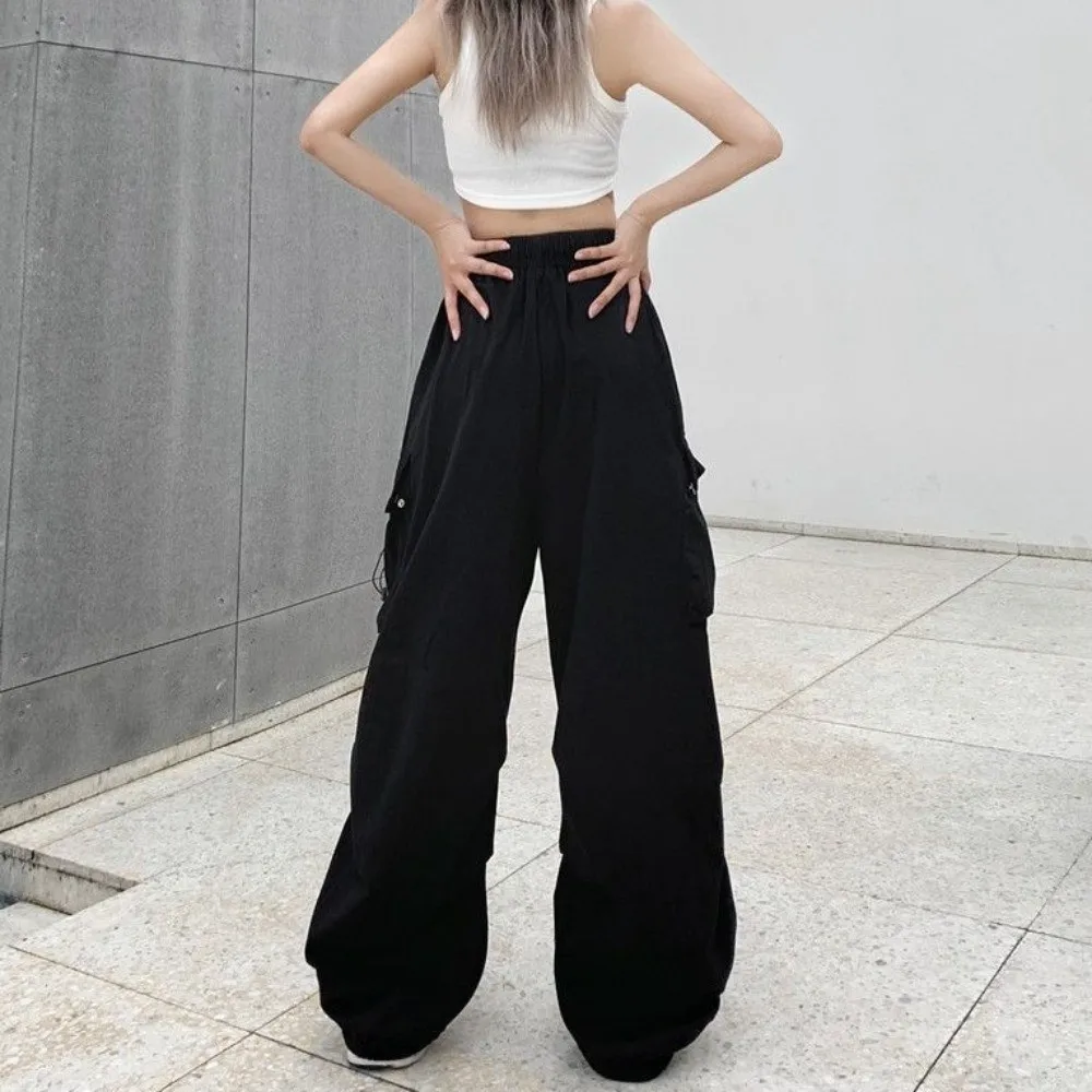 Elasticated Waist Women Drawstring Pants Long Trousers Hip Hop Wide Leg Pants Multi-pockets Black Red Women's Harem Pants