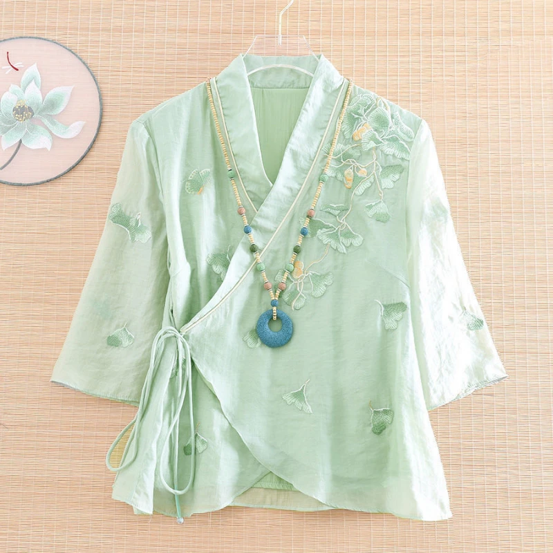 

Женский короткий Свободный Топ с вышивкой Тан в китайском стиле для лета и одежды в ханьском стиле Тяжелая промышленная Вышивка Tiansi