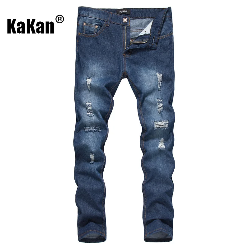Kakan - New Vintage Distressed Deep Blue Jeans From Europe and America, Men's Wear, Distressed Washed Casual Jeans K35-F112