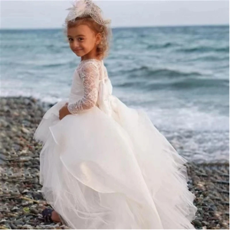 

Elegant High Low Tulle Tiered Flower Girl Dresses For Wedding Princess Lace Full Sleeves First Communion Gowns Gift With