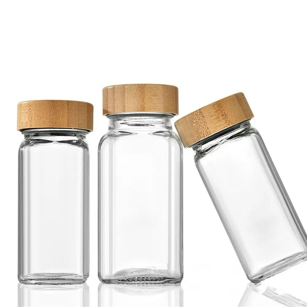 120ml 4oz Glass Spice Jars Transparent Perforated Seasoning Jar with Bamboo wood lid Kitchen Pepper Storage Container 2