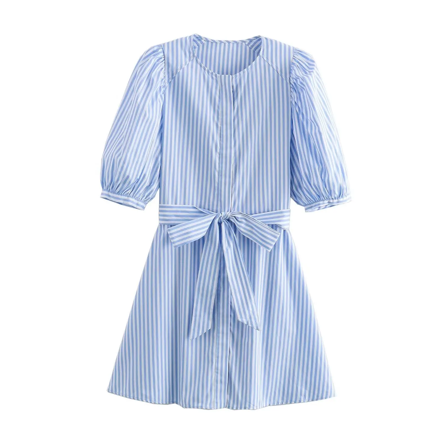 HH TRAF 2024 Vestido mini casual para mujer, liso, cuello redondo, manga abullonada, cinturón con lazo, botonadura sencilla, vestidos de verano para mujer, moderno, 3 colores