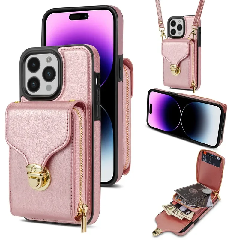 Leather Crossbody Lanyard Wallet Phone Case with Zipper and Flip Stand Cover