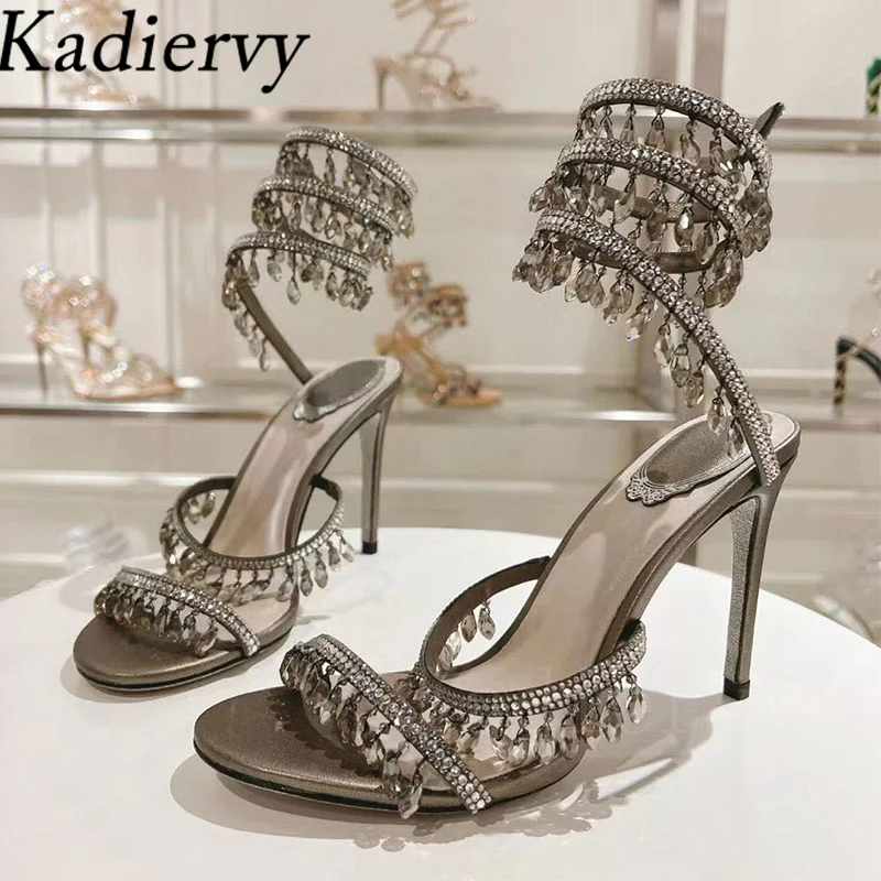 Sexy High Heels Sandals Woman Crystal Pendant Snake Twine Around Twine Ankle Strap Party Shoes Summer Gladiator Sandals Women