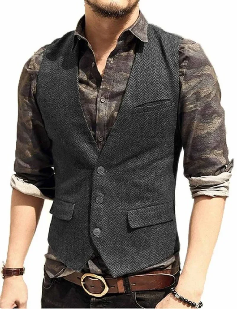 Men's Suit Vest V Neck Wool Herringbone Tweed Casual Waistcoat Formal Business Vest Groomman For Green/Black/Brown/Coffee
