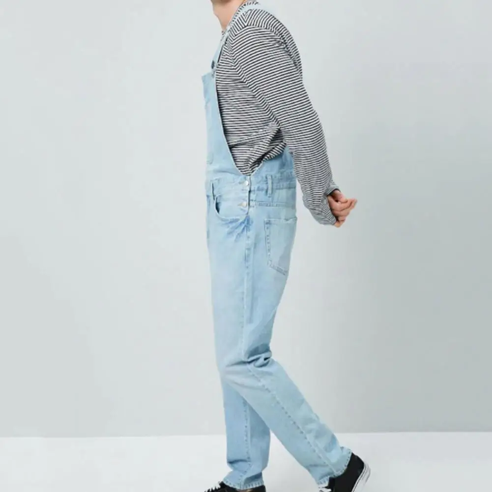Men Trousers Men's Soft Breathable Denim Jumpsuit with Suspender Long Pants Non-fading Solid Color Multi-pocket for Everyday