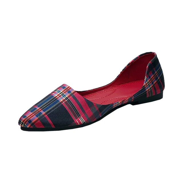 Women Flats Pointed Toe Size 33 34 42 43 Red Check Grid Flat Heel Shoes Shallow Mouth Slip on Loafers High Quality Summer Shoes 5