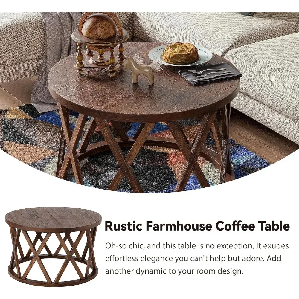 Rustic Farmhouse Coffee Table, Round Coffee Table with X-Motifs Legs, Wood Textured Top, for Boho, French Country Decor, Brown 3