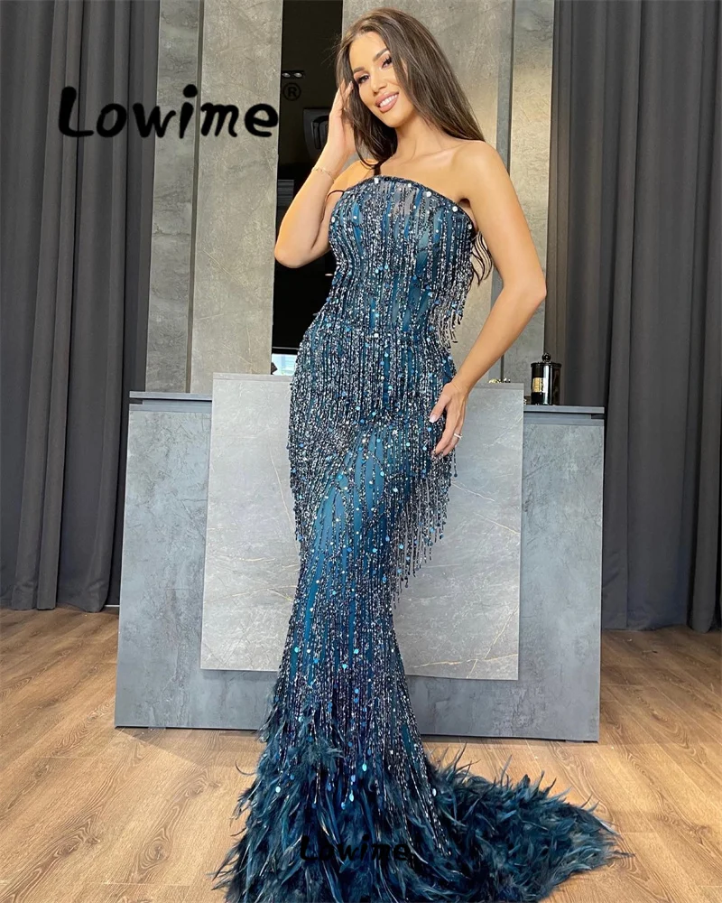 

Luxury Mermaid Long Wedding Party Dress 2024 Beading Stones Tassels Prom Gowns Feathers Celebrity Dresses Pageant Evening Dress