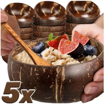 Ensembles de bols à noix de coco naturelles, bols à noix de coco réutilisables et cuillère en bois pour Dessert, yaourt, salade de fruits, Smoothie, vaisselle de cuisine 1