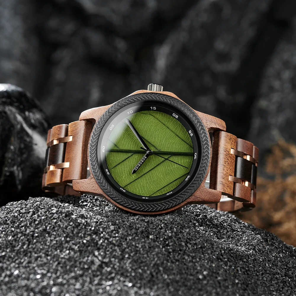 BOBO BIRD Mens Watches Unique Leaf Dial Design Quartz Wooden Wrist Watch for Men Support OEM Customiezd Dropshipping