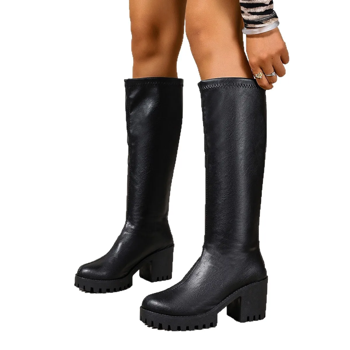 Winter New Round Toe Sexy and Comfortable Thick Heel Boots, Fashionable and Elegant Outdoor Knee High Knight Boots in Large Size