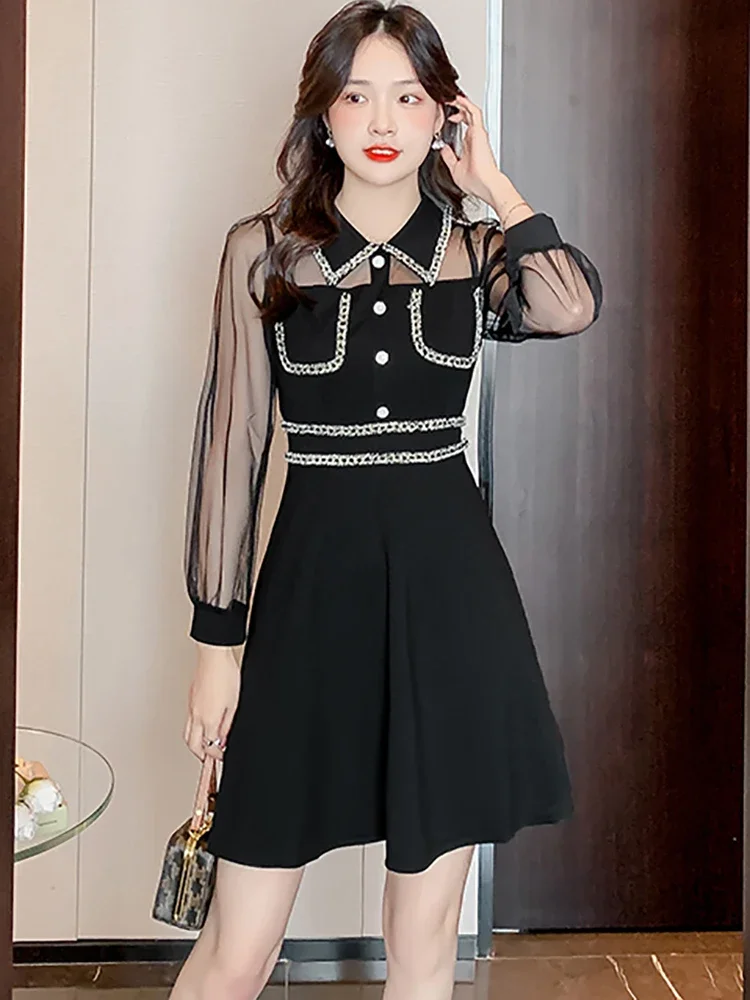 

Black Patchwork Mesh Hollow Out Sexy Club Mini Dress 2024 Elegant Women Polo Collar Dresses Autumn Korean Vintage Hepburn Dress