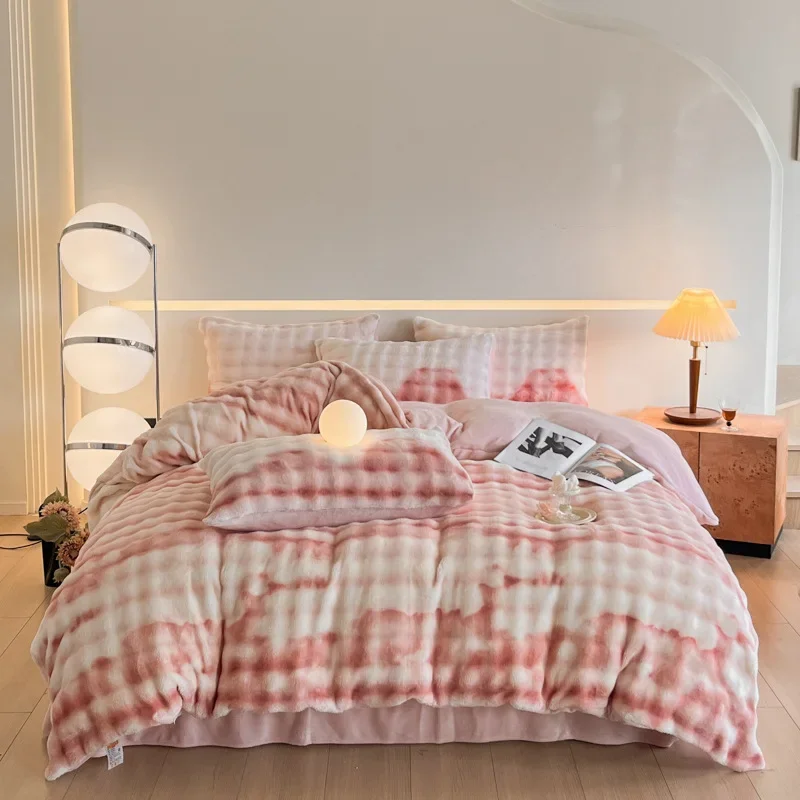 2024 anti-static thickened imitation rabbit velvet kit milk velvet four-piece set of gradual change color bubble velvet bedding 2