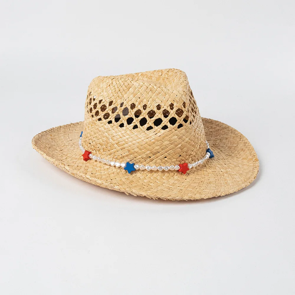 

King Wheat 2023 Summer New Brand Women Sun Raffia Hat Hollowed Out Woven Pearl Star Chain Travel Beach Shading Lady Jazz Hat