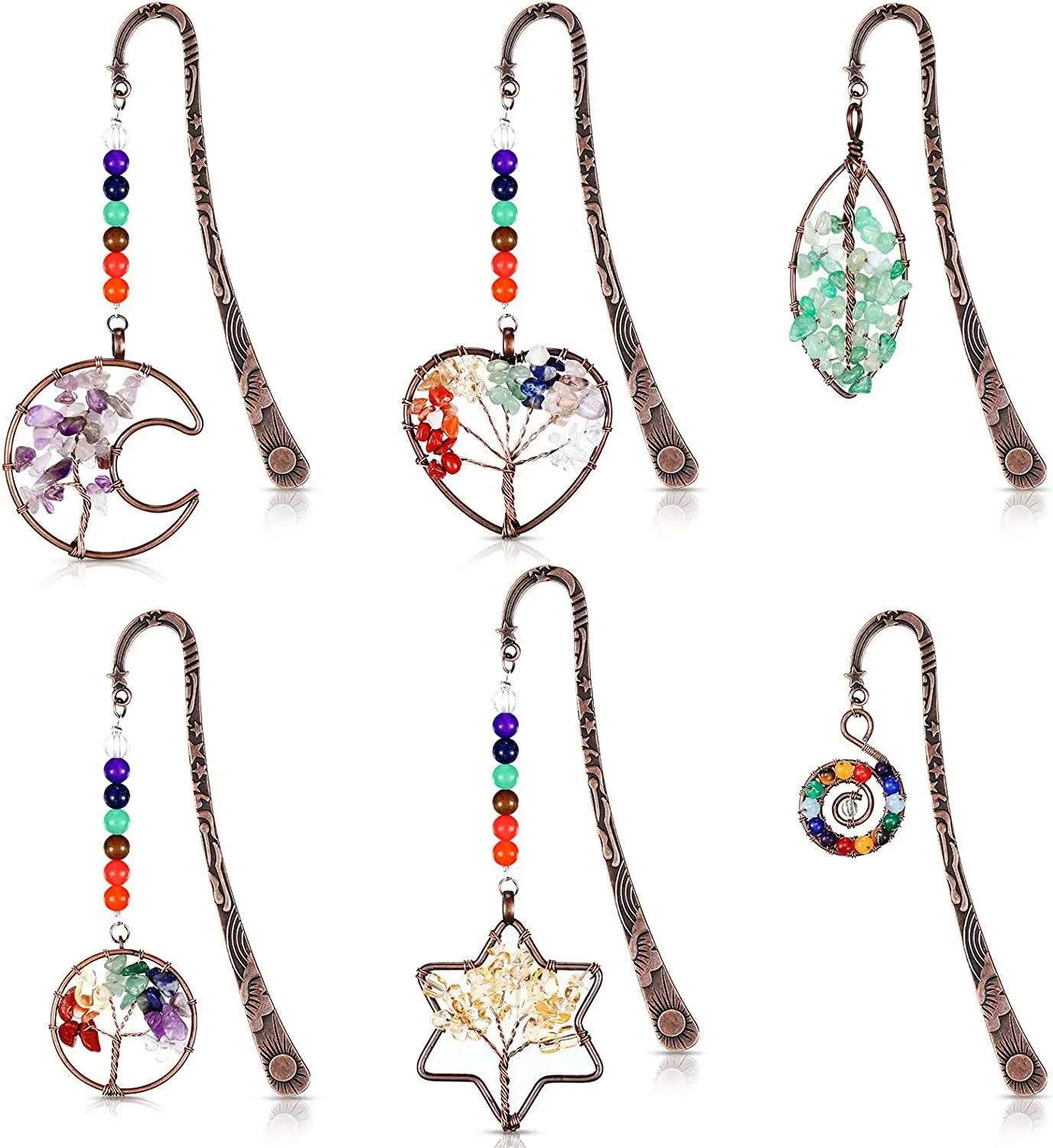 6PC /SET 7 Chakra Natural Crystal gravel Tree of Life Bookmark Semi-precious Stone  Ornaments Student Book Labels Literature tumbeelluwa engraved crystal stone oval slices reiki chip gravel minerals wind chimes window hanging ornaments room decor