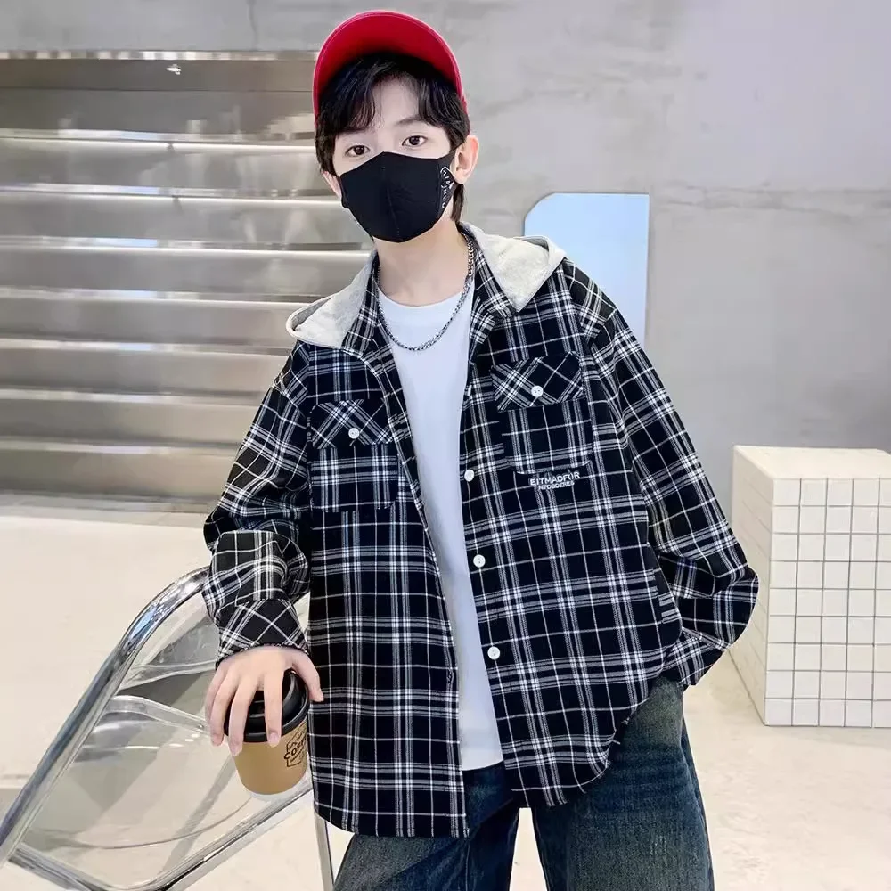 Loose Plaid Hooded Shirt for Boys Mid-to-Big Children Spring Autumn Fashionable Casual Top Hot Sale Of The Season
