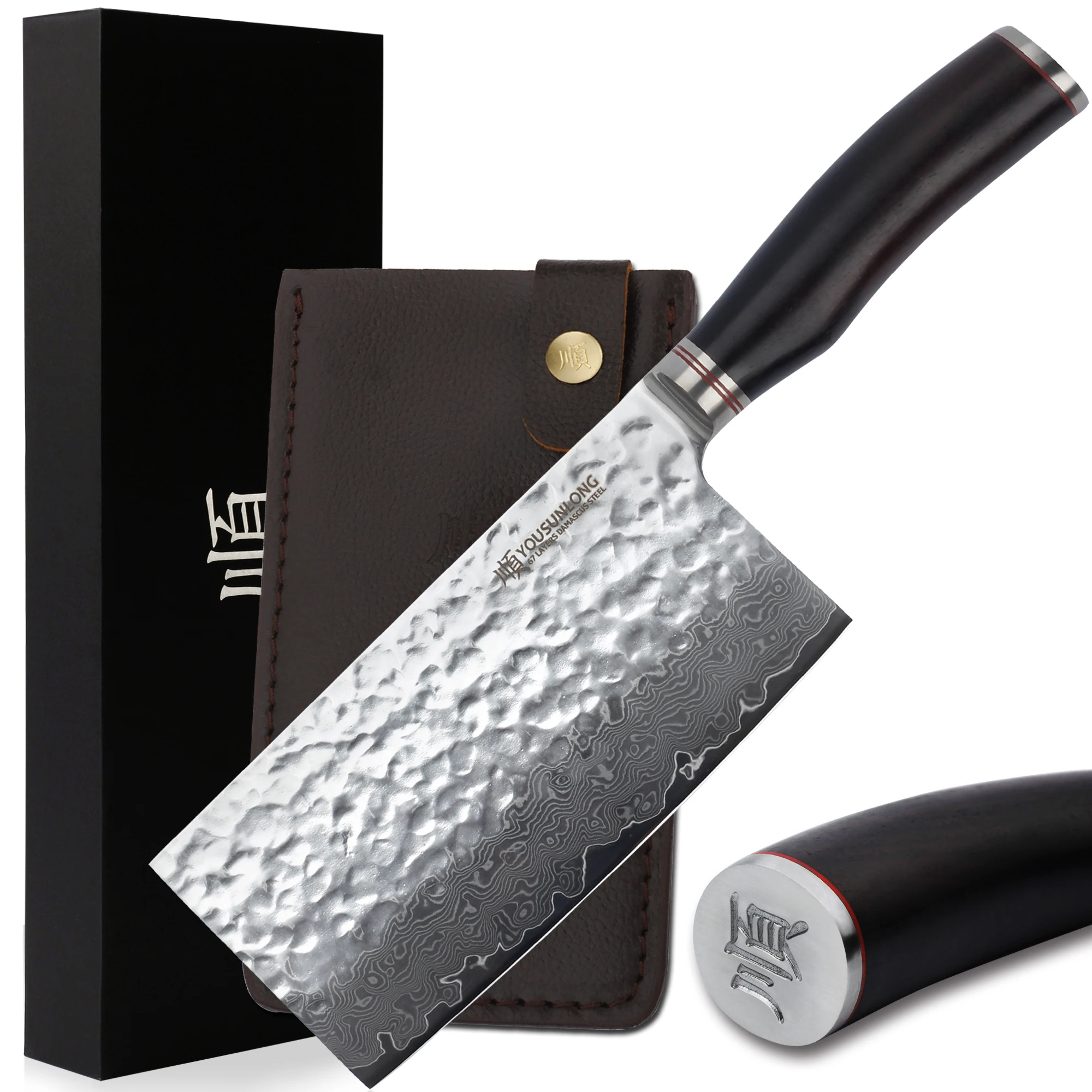 

YOUSUNLONG Meat Cleaver 7 inch Vegetable Cleaver Kitchen knives Japanese Hammered Damascus Natural Leadwood Handle
