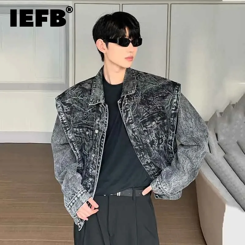 

IEFB Niche Two Denim Vest Fashion Men's Sleeveless Camisole Jacket High Street Vintage Male Casual Outerwear Trend New 9C2969