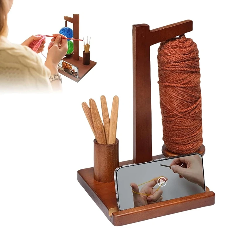 Wooden Yarn Holder With Phone Holder Wooden Yarn For Crocheting Spindle And DIY Gift For Craft Lovers