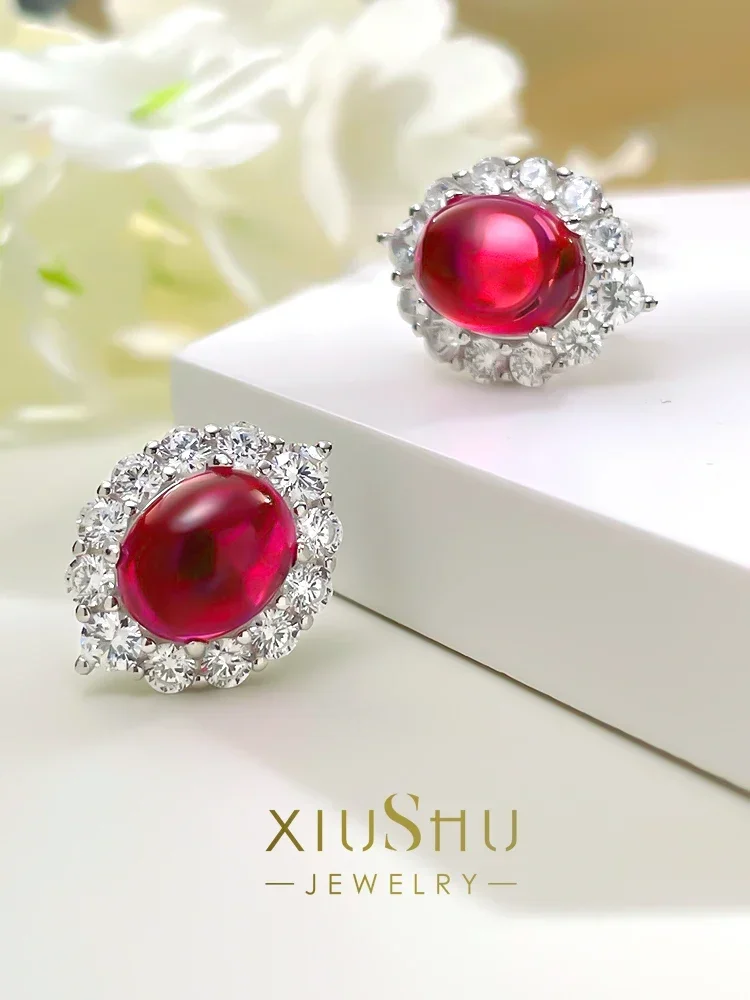 Fashionable and Versatile Retro Red Chalcedony 925 Silver Ear Stud Set with High Carbon Diamond Luxury Engagement Jewelry