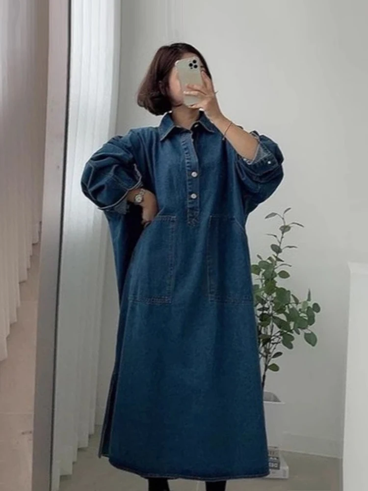 

SuperAen 2024 Korean Chic Spring Retro Oversize Style Lapel Pocket Loose Casual Side Slit Long Sleeved Denim Dress