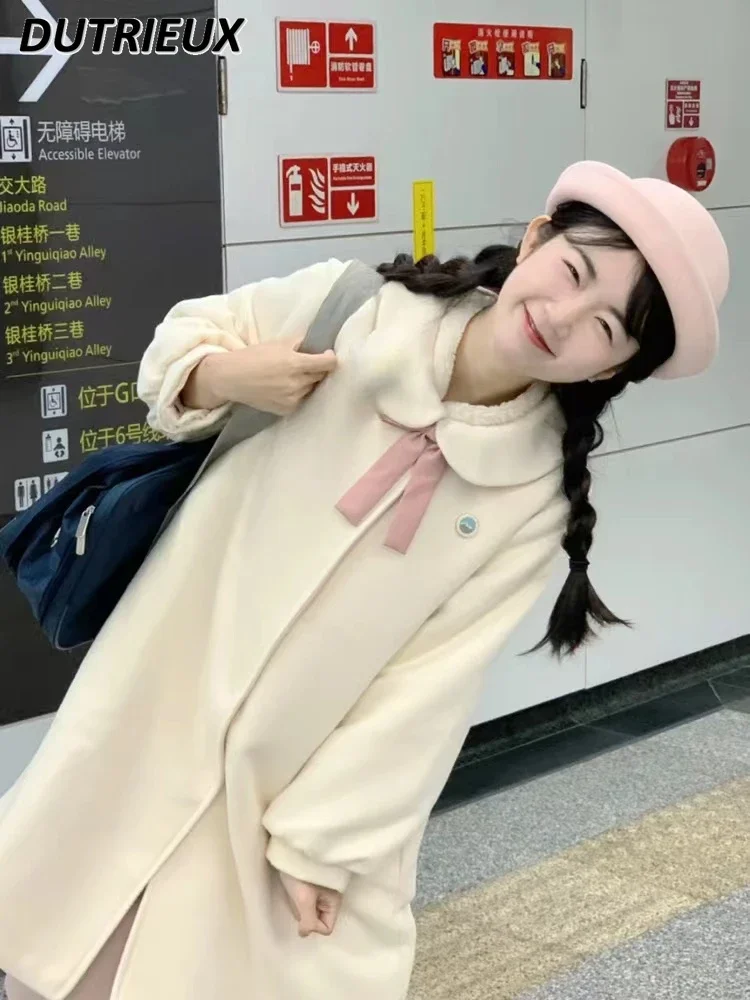 

Autumn Winter Cute Doll Collar College Style Woolen Coat Japanese Age-Reducing Sweet Girl Student Mid-Length Clothes for Women