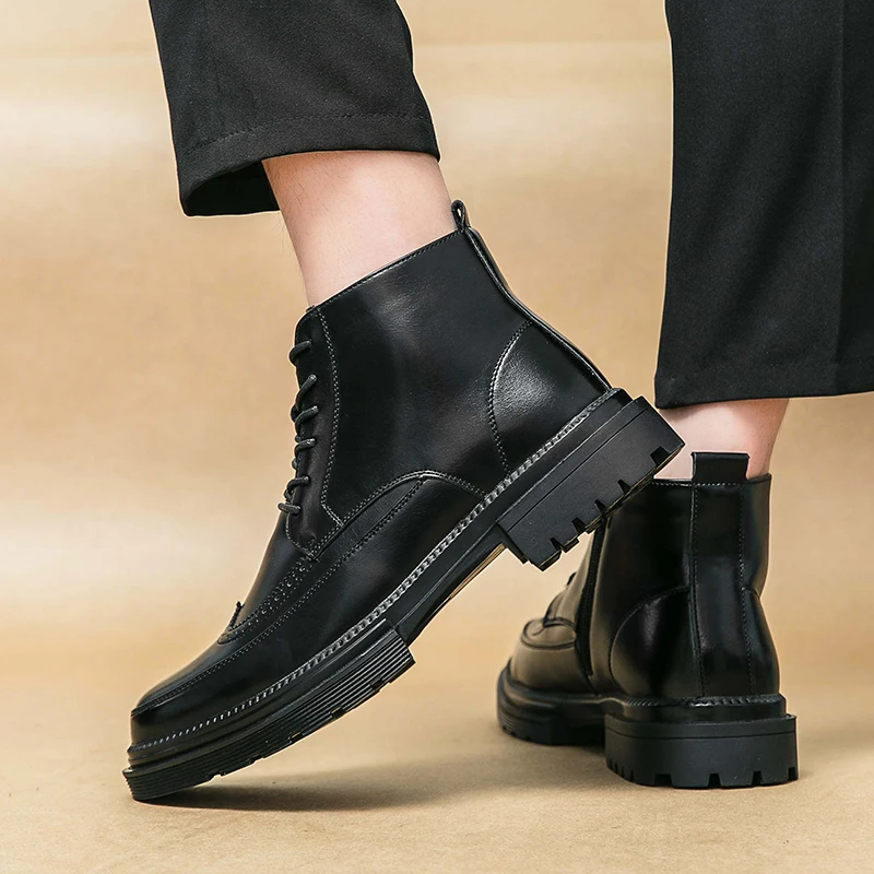 Brogue Black short men's boots Fashionable versatile gentleman style Business Office Daily Outdoor Leisure Party Adult shoes