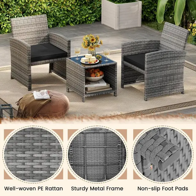 3-Piece Outdoor Wicker Bistro Set with Cushions, Black Rattan Patio Furniture for Porch, Backyard, Balcony 3