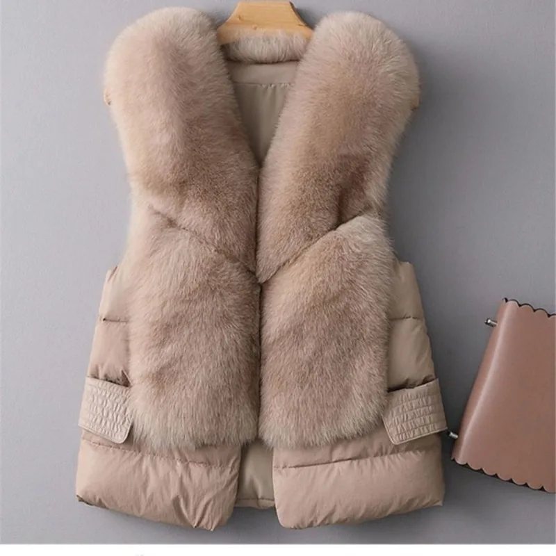 2024 New Women Short Temperamental Slim Fit Faux Fur Vest Female Fashion Patchwork Imitation Fox Fur Waistcoat Casual Down Tops