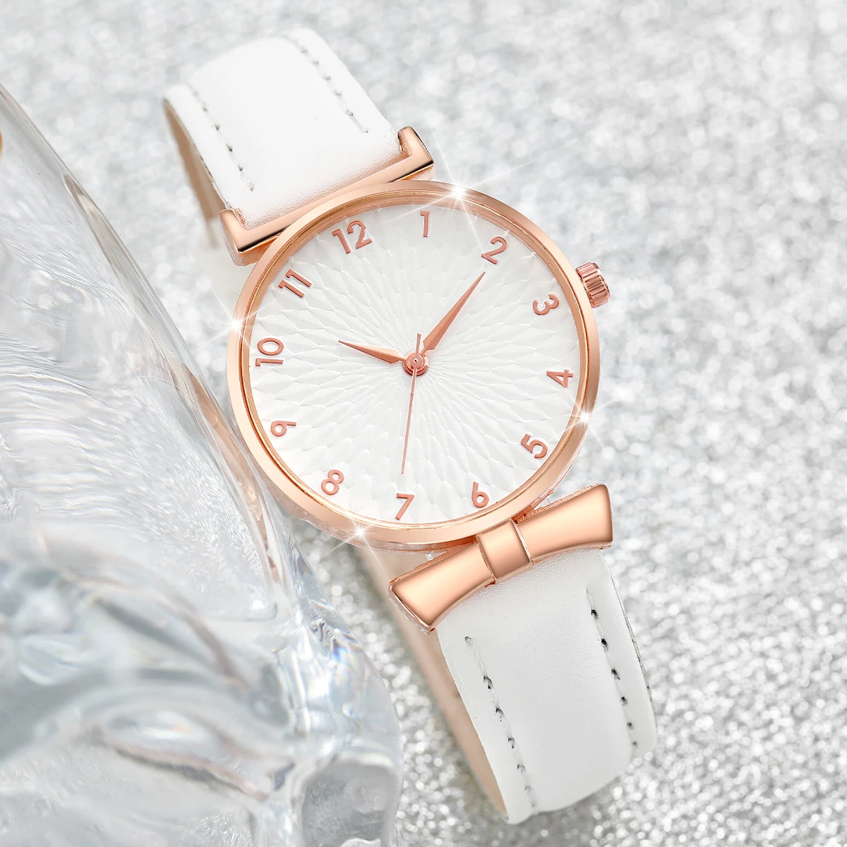 5PCS/Set Women's Watch Fashion Arabic Dial Quartz Watches Leather Band Wristwatches Beads Bracelets Set（Without Box） 4