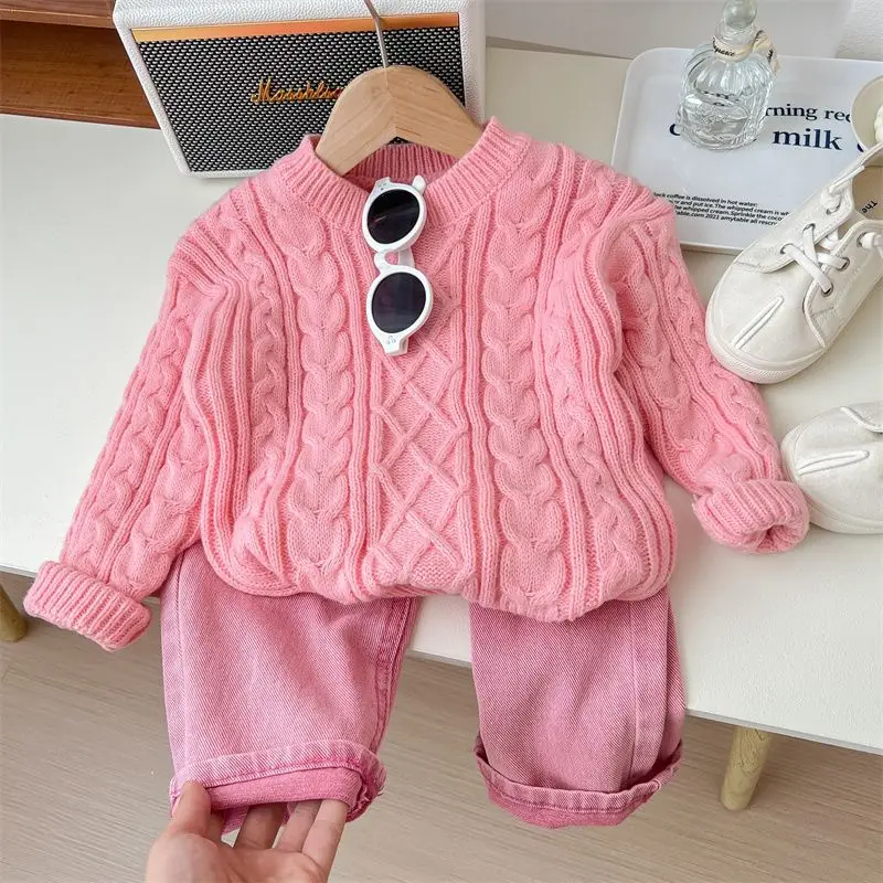 

Spring Autumn Korean Suit For Girls Sets Pink Knit Shirt Sweater+Pink Pants Autumn Two Piece Set Girls Set