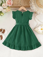 Robe d'été sans manches pour filles, vêtement pour enfants, confortable et simple, couleur unie, col rond, manches bouffantes, ceinture décorative, vêtement pour enfants en une seule pièce, style mignon et féminin, polyvalent, ourlet en dentelle irrégulier, taille cintrée, robe de princesse, style vacances doux et jeune, tenue pour filles de 4 à 5 à 6 à 7 à 8 ans, adapté aux rassemblements décontractés en plein air, aux fêtes et aux cadeaux de vacances 2