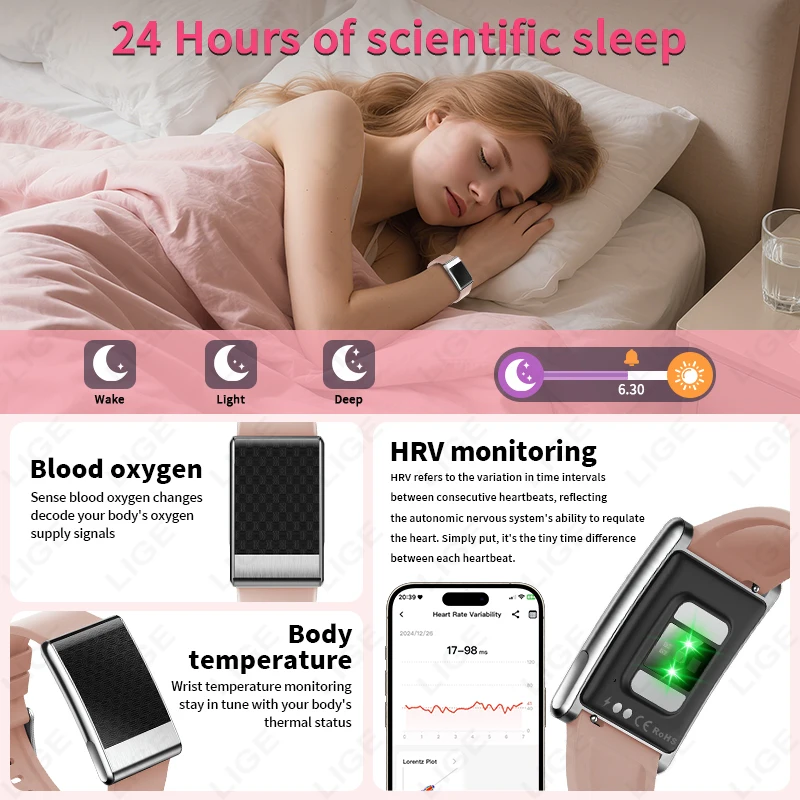 LIGE No Screen ECG+PPG Women Smart Bracelet Blood Lipid Uric Acid Heart Rate Blood Pressure Sports Fitness Female Health Watches