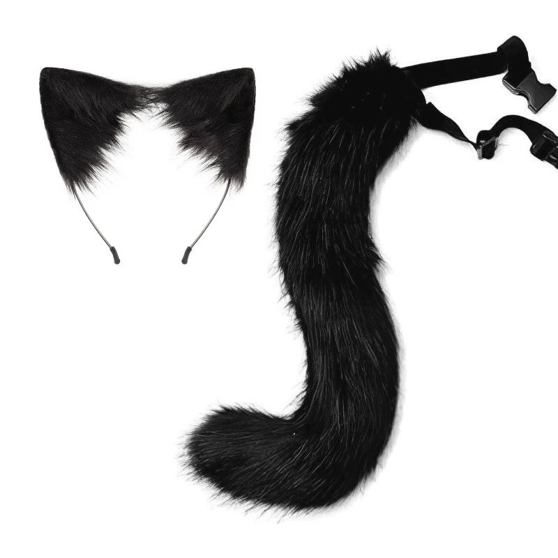 Plush for Cat Ears Headbands Animal Tail Choker Set Necklace for Halloween Cosplay Party Necklace Hairhoop Accessor