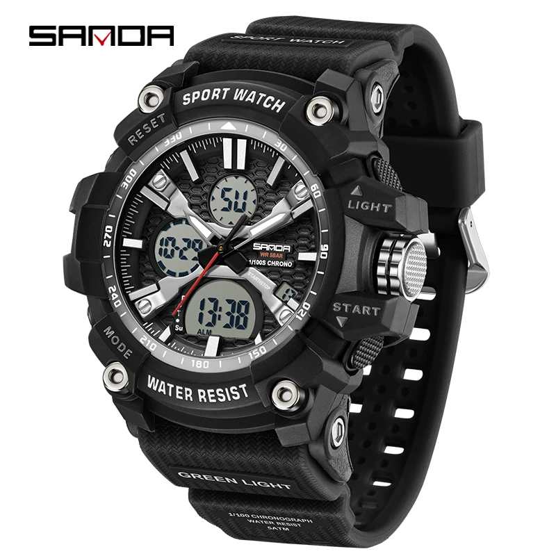 Dual Display Fashion Electronic Men's Watch - Multifunctional Luminous Sport Chronograph with Calendar and Stopwatch