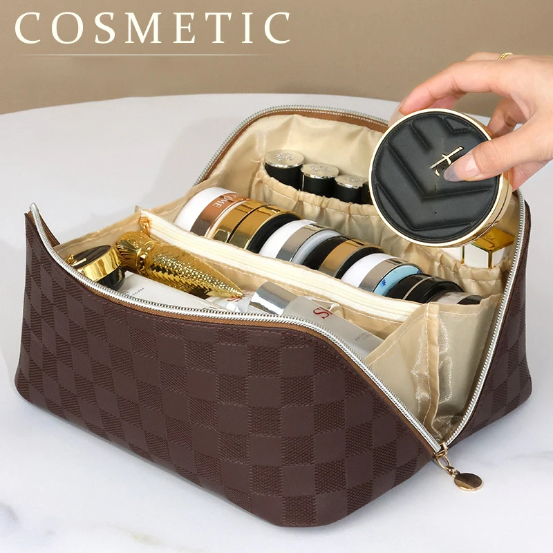 Toiletry Women's Pillow Cosmetic Bag Plaid Makeup Pouch Toiletries  Organizer Large Capacity Storage Bags Pu Leather Hangbag Tote - Cosmetic  Bags & Cases - AliExpress