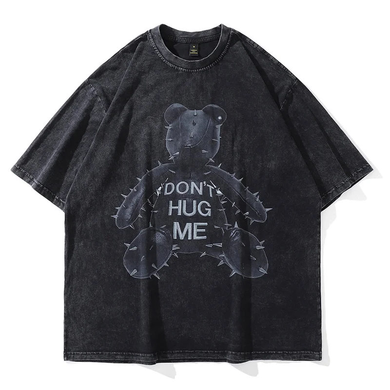 

2023 Hip Hop Oversized Streetwear Vintage T-shirts Bear Printed Gothic Washed Short Sleeve T Shirt Summer Punk Cotton Male Tops