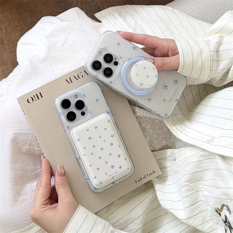 Korean Ins Flower Magnetic Stand Phone Case with Magsafe Card Holder