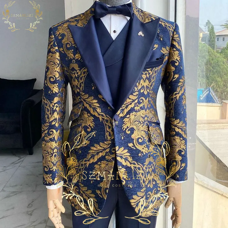 SZMANLIZI 2022 Luxury Gold Floral Jacket Navy Blue Men's Suits Slim Fit Groomsman Groom Wedding Tuxedos Party Blazer Vest Pant