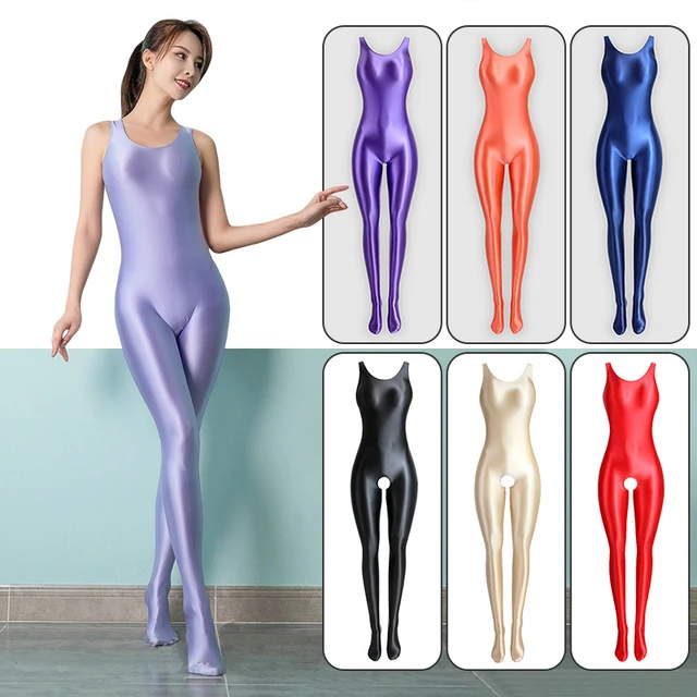 Women Sexy Shiny Tights Glossy Silky Body Suit Open Crotch