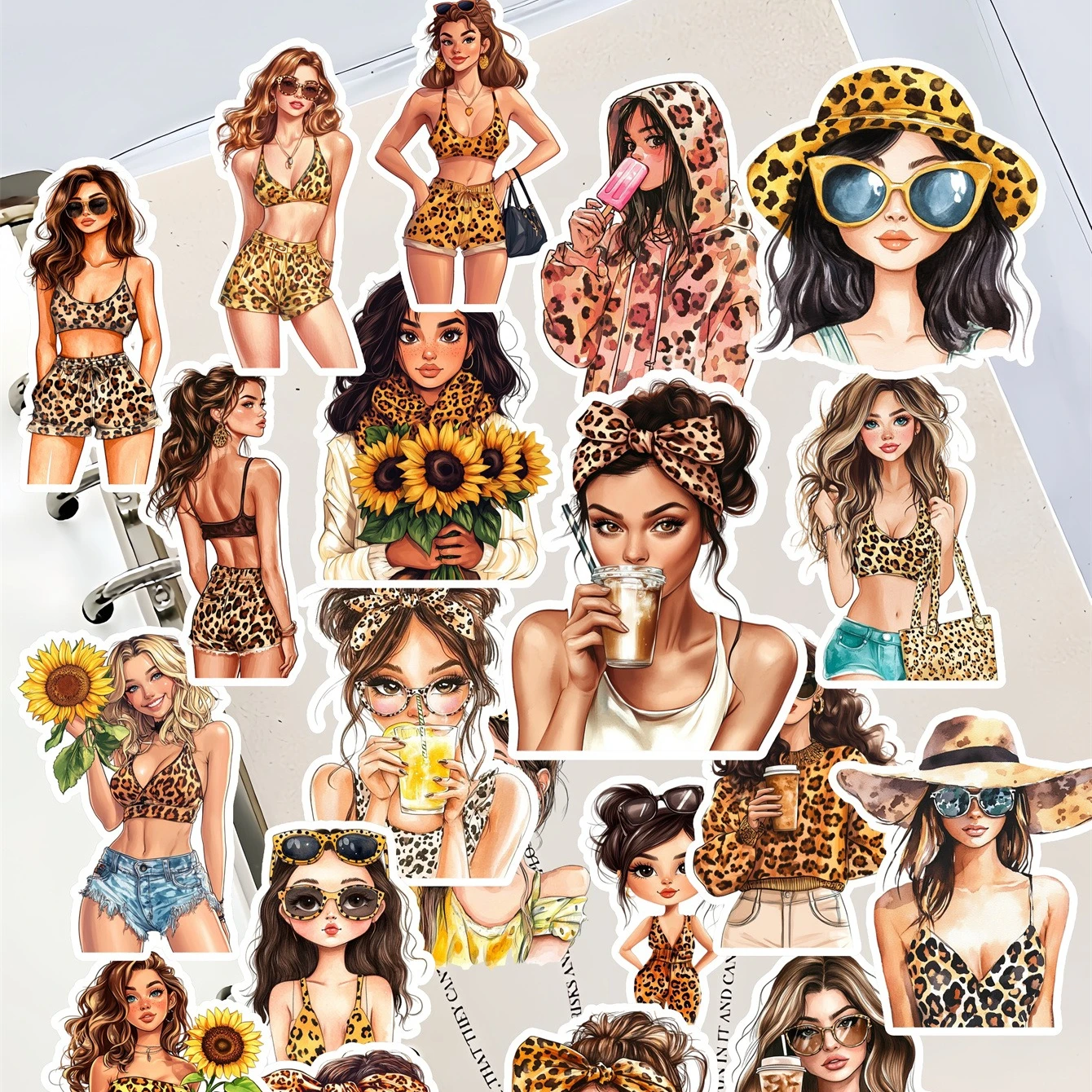 20 Stück Retro Sommer Mode Trend Sexy Leoparden-Mädchen Aufkleber Scrapbooking/DIY Basteln Fotojournal Deko Album Tagebuch Schreibwaren