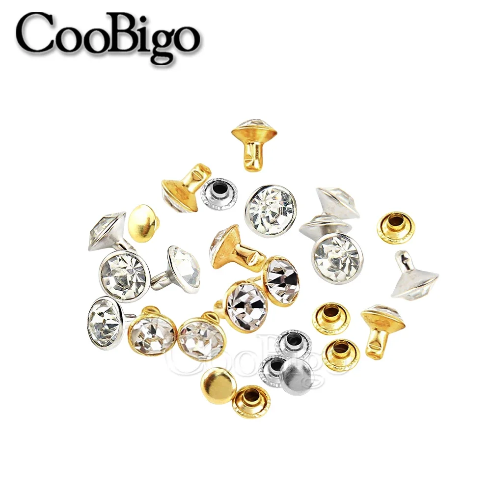 Metal studs rivets 100sets crystal rhinestone trim double cap rivets diamond studs DIY craft clothes bag shoes leather spikes glass drill nail