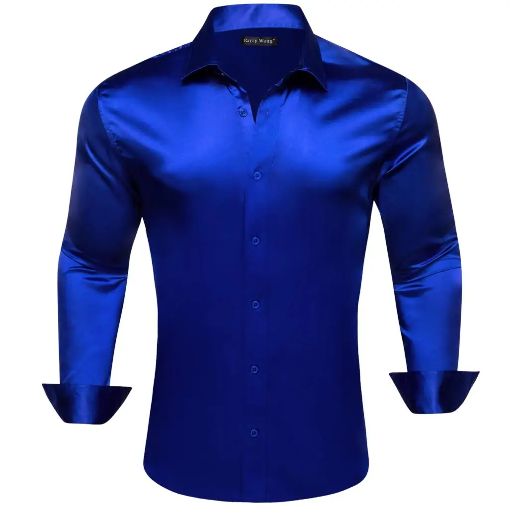 Luxury Silk Mens Shirts Mercerized Solid Satin Royal Blue Long Sleeve Casual Business Slim Fit Male Blouses Tops Barry Wang