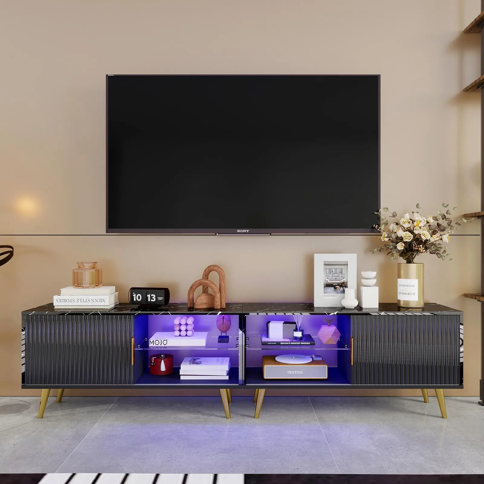Wooden TV Cabinet with LED Lights and Doors for Living Room