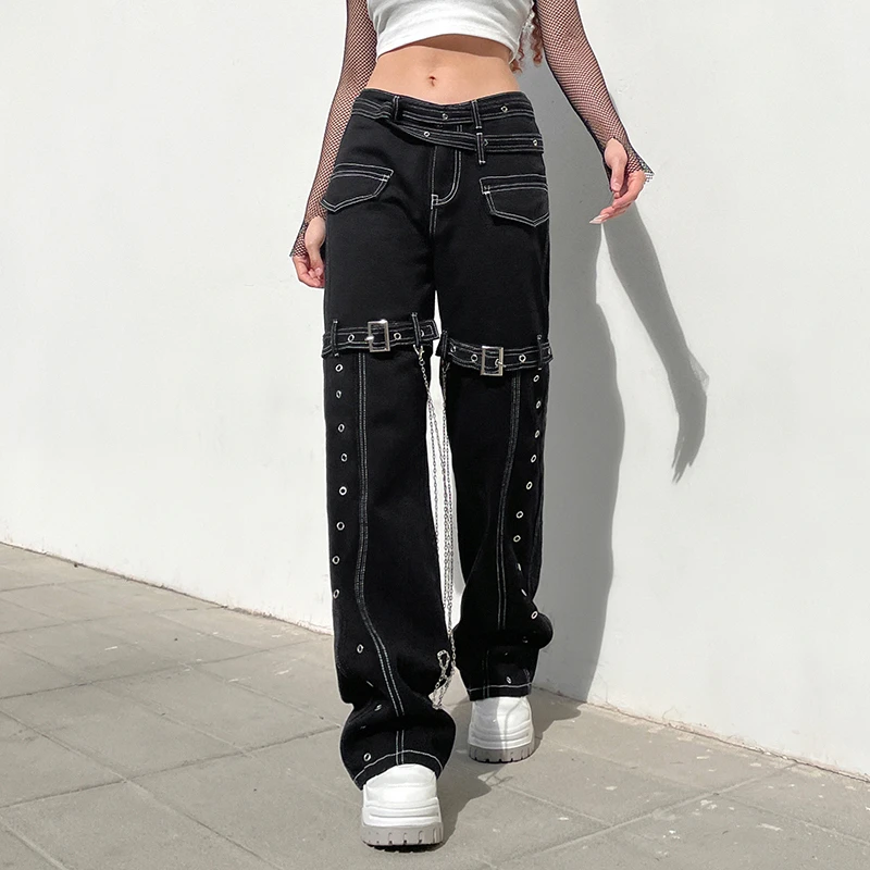 Xingqing pantalones Cargo y2k para mujer, vaqueros con cadenas de estilo Punk, de cintura alta, ropa de calle|Pantalones - AliExpress