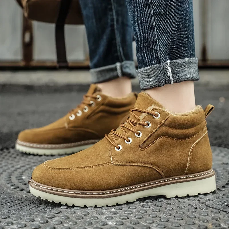 

Winter Keep Warm Short Plush Ankle Boots for Men Lace Up Chunky Heel High Top Sneakers for Men Outdoor Casual Platform Shoes
