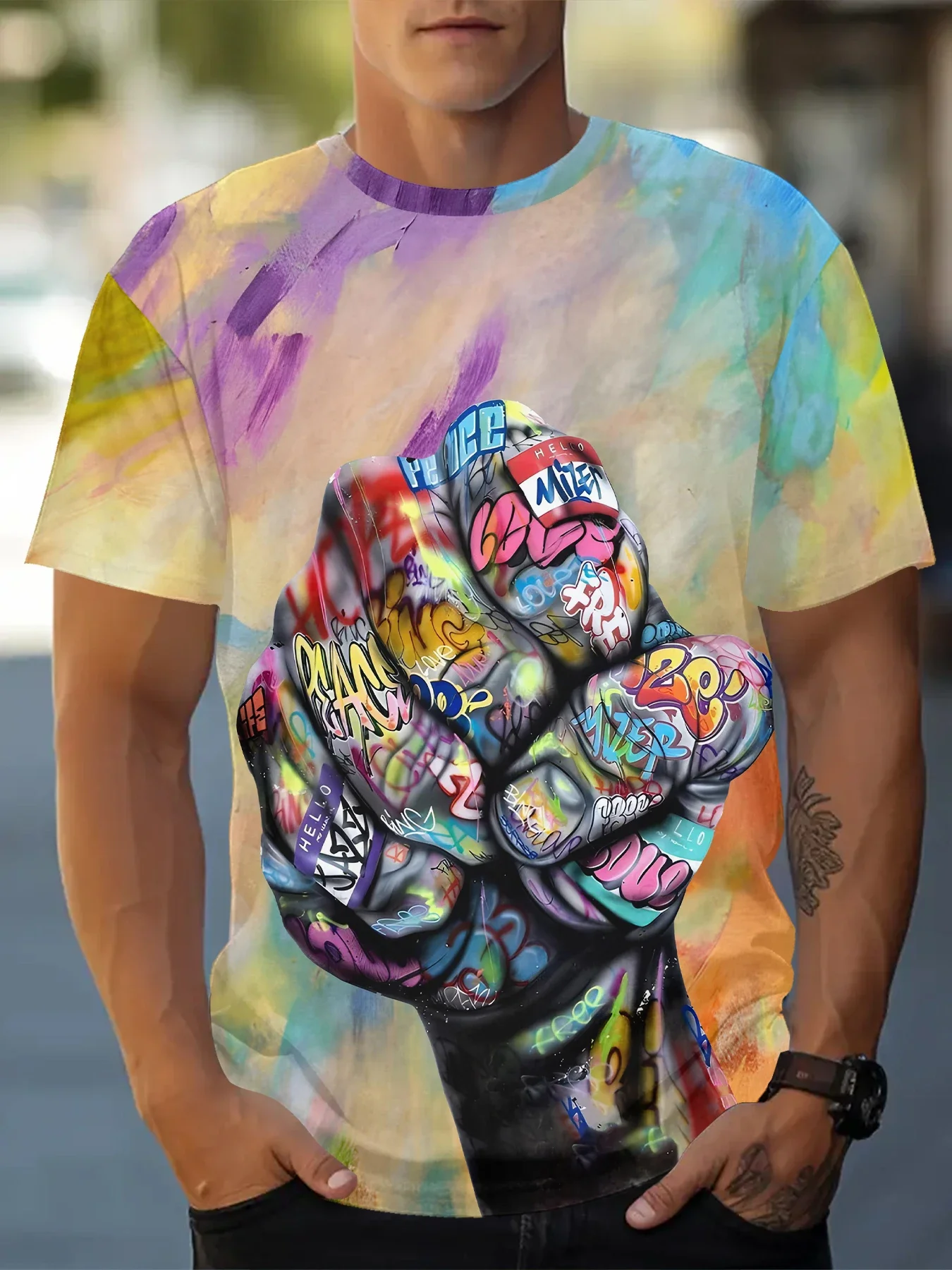 

2024 Summer Hot Fashion Men Graffiti Short Sleeve Comfortable Loose Hip Hop Style T-shirt Personality Stylish O Collar Clothing