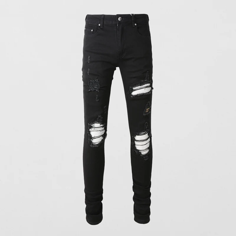 

Fashion Streetwear Men Jeans Black Stretch Slim Fit Ripped Jeans Men Patched Designer Hip Hop Brand Pants Hombre Hole Trousers