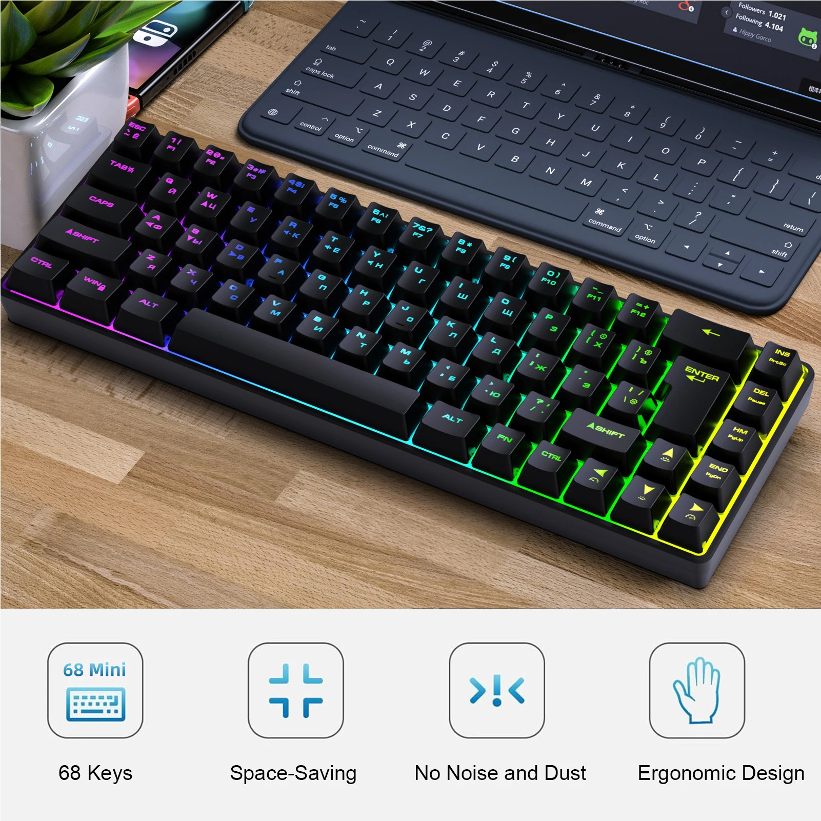 Wired Keyboard for Computer Russian English Dual Language Keyboard 68-Key RGB Backlit Gaming Mechanical Keyboard for Gaming